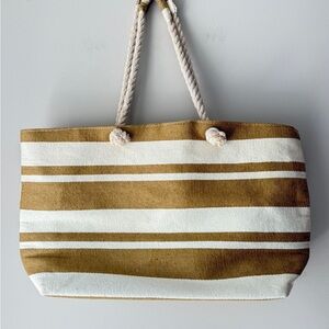 Sun N Sand Tan and White Nautical Striped Tote Bag
